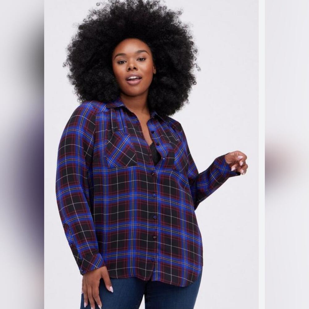 Torrid MADISON GEORGETTE Plaid Blue Blouse Womens 1X Long Sleeve cabincore comfy